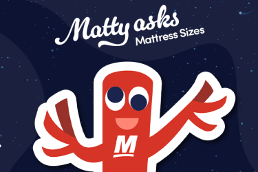 Matty against a blue background. Text reads: Matty Asks Mattress Sizess