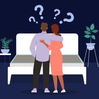 A couple standing in front of an empty mattress base with question marks above their heads.